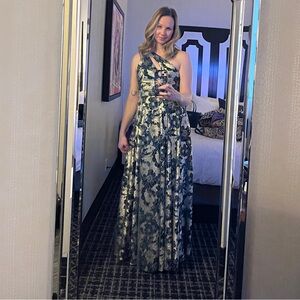 Betsy & Adam One Shoulder formal Floral Dress in emerald green and gold